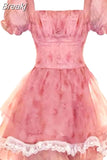 Summer Lolita Sweet Short Party Dress Woman Beach Short Sleeve Floral Mini Dress Casual French Elegant Lace Dress Lady