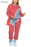 Fall Winter Casual Hoody Two Piece Sets Women Outfits Fashion Denim Splicing Long Sleeve Pullover And Pants