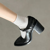 Women's Thick Heels Mary Jane Shoes 2024 New Spring Black Leather Shoes French Retro Pointed Single