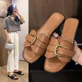 Women Slippers Leather Square Toe Women Flats Flip Flops Designer Ladies Slides Sandals Women Shoes Luxury