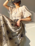 Lady Elegant Floral Midi Dress Formal One Piece Dress Korean Party Beach Long Sleeve Casual Dress Woman 2023 Summer