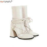 Women Ankle Boots with Chunky Heels Size 34~46 Korean Style Patlent Leather Pumbs Square Toe Elegant Booties Spring Autumn