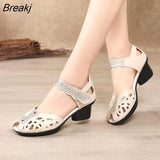 2023 Summer Genuine Leather Shoes Gladiator Sandals Women 5cm High Heels Classic Black Peep Toe Hollow Ladies