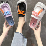 New Brand Design Gold Chain Women Half Slipper Closed Toe Slip on Mules Shoes Round Toe Low Heels Casual Slides Flip