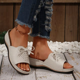 Breakj New Summer Slope And Fish Mouth Slippers Women's Shoes Casual Large Size Coarse And Slippers Bow Solid