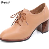 Genuine Leather Shoes Women Pumps High Heels Lace Up Ladies Shoes Spring Thick High
