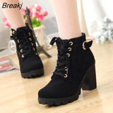 Women Shoes Women Fashion High Heel Lace Up Ankle Boots Ladies Buckle Platform Artificial Leather Shoes bota feminina