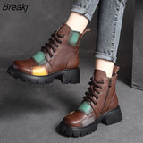 Women Ankle Boots Winter 2022 New Genuine Leather Shoes Zip Round Toe Wedges Retro Mixed Colors Platform Short