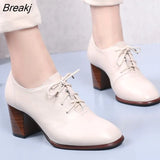 Genuine Leather Shoes Women Pumps High Heels Lace Up Ladies Shoes Spring Thick High