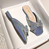 Shoes Mules For Women 2024 Ladies' Slippers Rivet Cover Toe Butterfly-Knot Low Square heel Loafers Flock New Pointed