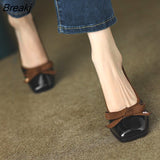Autumn Fashion French Retro Square Toe Shallow Mouth Bow Mid-heel High Heel Shoes Leather Thick Heel Commuter Women