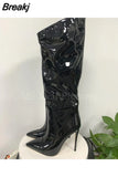 Women's High Boots Gold Silver Pointed Toe Knee-high Boots For Woman Sexy High Heels Party Shoes Ladies Stiletto