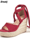 Women's Espadrille Ankle Strap Sandals Wedges Woman Pumps Platform Women Summer Shoes Comfortable Flax Hemp Canvas High