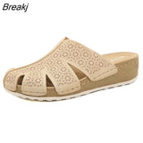 Shoes Women Slippers Tiny Flowers Summer Holiday Beach Shoes Brand Ladies Wedges Slippers Wedge Heel 4cm