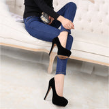 High Heels Shoes Flock Platform Heeled Shoes Pumps Women Night Club Thin Heel Sexy Plus Big Size 14cm Black Red