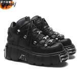 Women's Punk Style Leather Shoes Lace-up Heel Height 6CM Platform Female Gothic Ankle Boots PU Metal Decor Thick Bottom