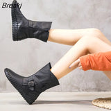 2022 Women's Boots Winter Warm Leather Handmade Retro Flat Boots Flat Shoes Genuine Leather Boots for