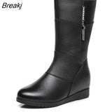 Women's Mother Ladies Female Genuine Leather Mid Calf Shoes Boots Winter Fur Plush Bling Zipper Warm Plus Size