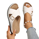 Breakj New Flat Bottom Leisure Slippers Cross Belt Buckle Solid Color Beach