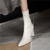 Women's Boots High Heels Half Footwear White Pointed Toe Elastic Shoes for Woman Mid Calf Elegant Heeled 2023 New Spring Pu