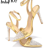 Fashion Glitter Rhinestones Ladies High Heels Sexy Sandals Summer Crystal Pointed Toe Party Wedding Stripper Shoes