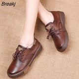 Sneakers Women Genuine Cow Leather Round Toe Lace-Up Ladies Retro Casual Flat Shoes Handmade