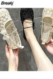 for Women 2023 Clear Kawaii Ladies Summer Footwear with Bow Cute White Flat Transparent Flats Round Toe Fashion Beau