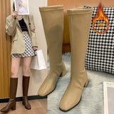 Women Black High Heel Long Boots Fashion Autumn Winter Warm Knee High Boots Soft Leather Thigh High Boots Shoes Zipper Size
