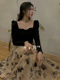 Floral Midi Dress Casual Party Korean Style Dress Woman Slim 2023 Autumn Design Long Sleeve French Elegant Dress