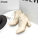 Women Ankle PU Leather 35-39 Feet Length Round Toe Chelsea Middle High Heels Boots Autumn Winter Rubber Shoes Female 2023