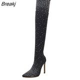 JIU MOUNTAIN 2021 Women's Boots Autumn Over The Knee Boots Fashion Rhinestone Pointed High Heel Outdoor Women's