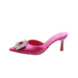 Red Women Pumps Silk Satin Pointed Toe Rhinestone Crystal High Heels Woman Wedding Pumps Slip on Cup Heeled