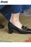 for Women 2023 Loafers Square Heels Ladies Summer Footwear Normal Leather Casual Pumps Toe Black on Heeled High Sale