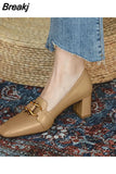 for Women 2023 Loafers Square Heels Ladies Summer Footwear Normal Leather Casual Pumps Toe Black on Heeled High Sale