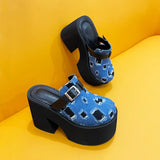 for Women Sexy High Heel Slippers Thick-heeled Denim Ripped Toe Head Slippers Height Increasing Toe Shoes Plus Size