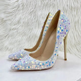 Bling Sequins Women White Pointy Toe High Heel Shoes for Wedding Party Sparkle Celebrity Stiletto Pumps 8cm 10cm