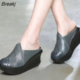 2023 Genuine Leather Women Slippers 8 CM High Heels Wedges Summer Shoes Platform Retro Handmade Women Leather