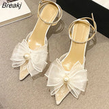 Elegant Women Party Dress Shoes Pointed Toe Ankle Buckle Strap Pumps Sandals Fashion String Bead Bowknot Designer