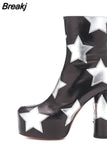 Platform Ankle Boots For Women Luxury Print Star Really Leather High Heels Shoes Woman Round Heels Botines Mujer