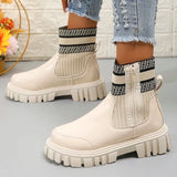 Patchwork Pu Leather Ankle Boots Women 2023 Fashion Chunky Platform Chelsea Boots Woman Elastic Knitted Short