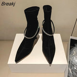 Fashion Retro Rhinestone Ring Buckle Pointed Toe Stiletto Ankle Boots Skinny Boots Stretch Boots Single Boots