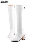 Women white leather Knee Bare Boots Square High Heel Casual Long Tube Booties Lady Sexy Over Knee Thigh High Boots lady winter