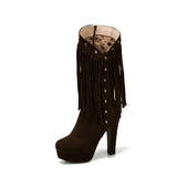 Autumn Winter Women Modern Boots Size 34~50 Superior Nubuck High Heel Tassel Decorate Midi Calf Boots Casual Platform