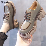 Style Chunky Platform Pumps Casual Women's 2023 Autumn Lace Up Thick Heels Loafers Woman Round Toe Patent Leather