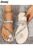 Summer Women Slippers Large Size Set-Toe Shoes Fashion Outer Wear Beach Rhinestone Flat Casual Sandals Zapatos