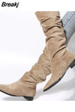 New Fashion Pleated Women Knee-high Boot Low Heel Ladies Pointed Toe Knight Boots Shoes High Quality Long