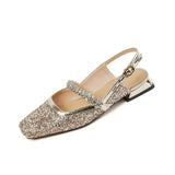 Breakj Diamond Sequin Crystal Shoes Small Square Head Mary Jane Head Sandal Women Simple Thick Heel Empty Single Shoes