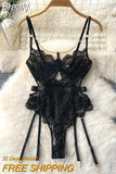 Sexy Women See Through Mesh Lace Bodysuits Black Red Spaghetti Strap Sleeveless Chain Decoration Body Femme