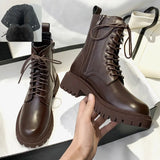 Brown Platform Ankle Boots Women Autumn Winter Thick Bottom Motorcycle Boots Woman Thicken Warm Lace Up Shoes