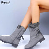 Women Mid-Calf Boots Fashion Suede Snow Boots Retro Zipper Warm Boots for Women Shoes Low-heeled